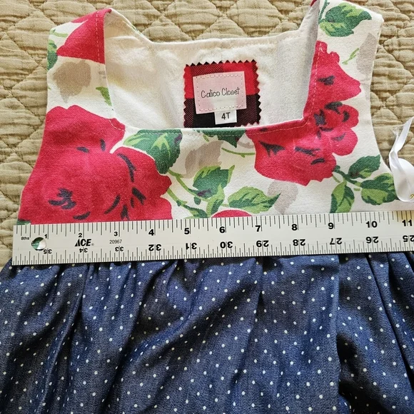 Handmade 4t Floral Rose Polka Dot Jumper Dress Vintage Linens Calico Closet Boho - Picture 6 of 8